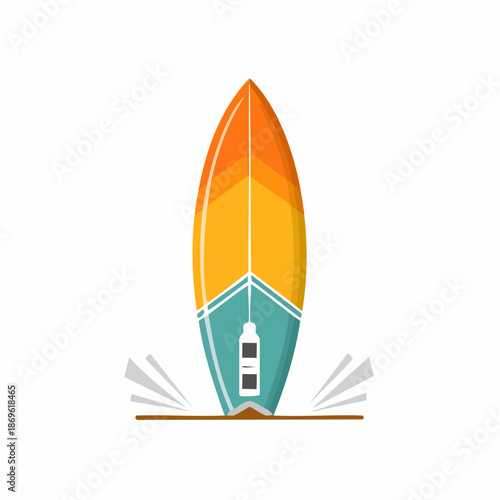 Stylized Surfboard Standup Design with Water Sprays on Sand Illustration. Summer Vibes and Tropical Vacation Recreation Concept
