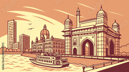 Mumbai skyline frames the gateway of india amidst towering buildings, a captivating cityscape suitable for travel brochures and websites.