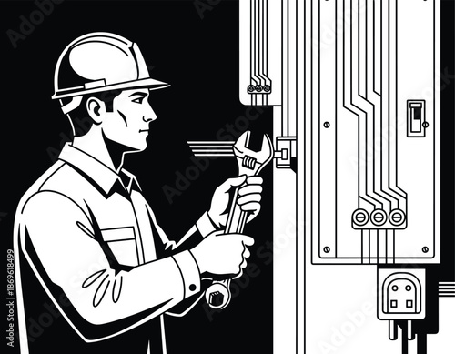 Professional electrician technician wearing hard hat repairing electrical circuit breaker panel board using adjustable wrench tool, cad drawing flat vector illustration