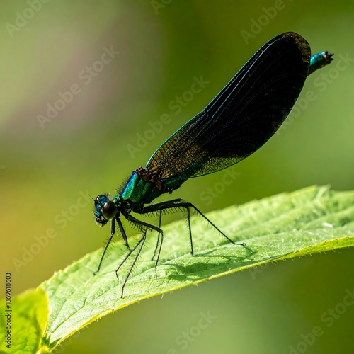 Dark iridescent dragonfly rests gracefully on a green leaf, blurred foliage background