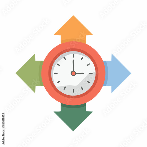 Clock with Directional Arrows Represents Time Management and Decision Making