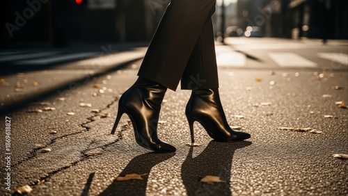 Close-up of black leather high heel ankle boots walking confidently on asphalt city street pavement during dramatic golden hour lighting, symbolizing modern style and business success.