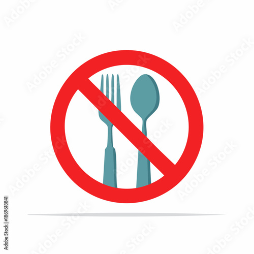 No food allowed illustration showing forbidden silverware inside a red prohibition sign for dietary restrictions or fasting or no eating concept