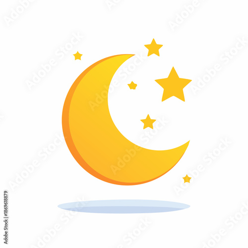 Yellow Crescent Moon with Yellow Stars Against White Background, Night Sky Concept Design Element