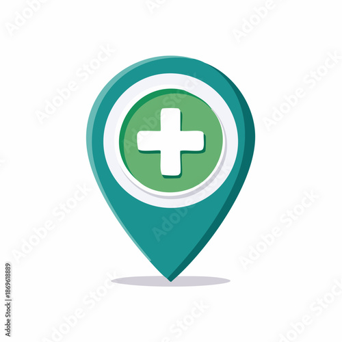 Medical center marker icon with green cross symbol for healthcare location or medical service assistance