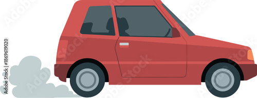 Red car emitting smoke from exhaust with visible driver inside