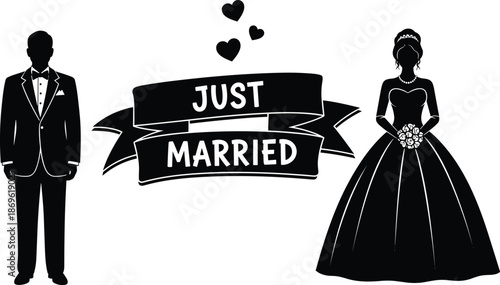 Wedding couple, just married banner, heart symbol, bride groom silhouette, romantic celebration, CAD drawing, flat vector illustration, black white