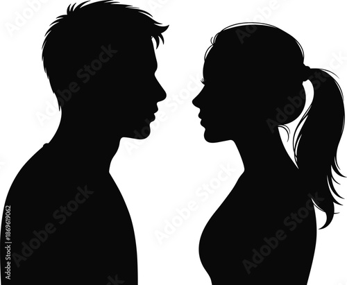 Two silhouettes of a man and a woman facing each other with one having a ponytail and the other short hair