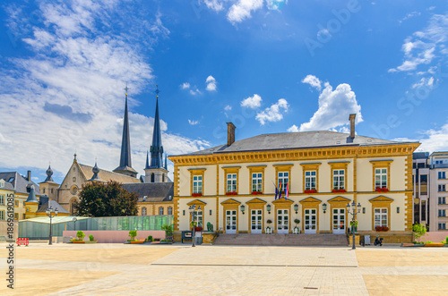 Luxembourg City Hall Stadhaus Stad Letzebuerg neoclassical style building on Place Guillaume II Knuedler town square in Luxembourg City historical centre Ville Haute quarter in sunny summer day