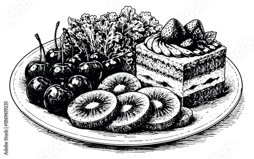 Hand drawn line art dessert and fruit set featuring a strawberry cake, cherries, kiwi slices, and salad greens for healthy eating