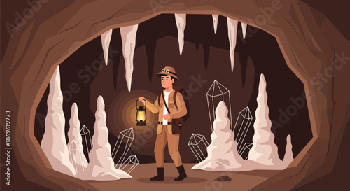Man Explorer Holding Lantern in Cave.
