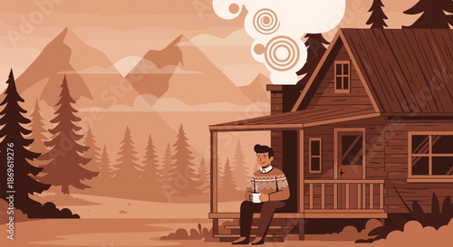 Man Drinking Coffee on Cabin Porch.