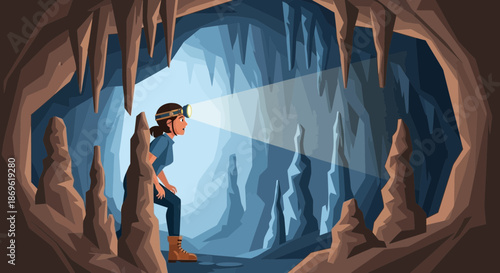 Man Exploring Cave with Flashlight.