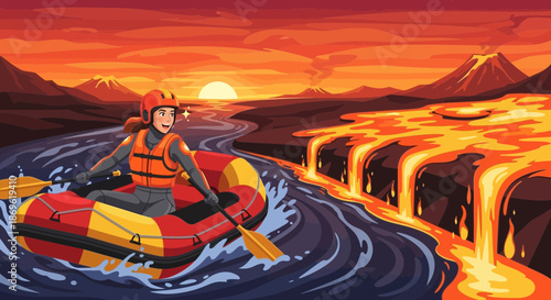 Man Rowing Inflatable Raft on Lava River.