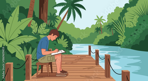 Man Sitting on Dock Reading Book.
