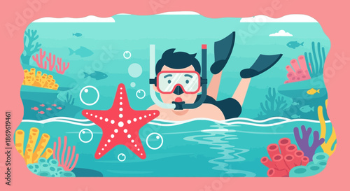 Man Snorkeling with Starfish in Ocean.
