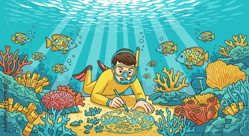 Man Snorkeling Underwater with Marine Life.