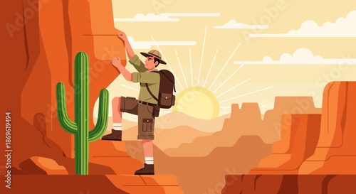 Man Standing on Cliff Edge Desert Landscape.