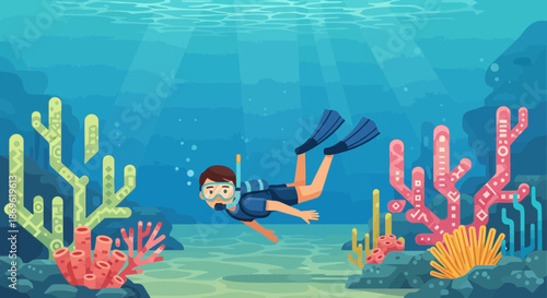 Scuba Diver Exploring Underwater Coral Reef Scene.