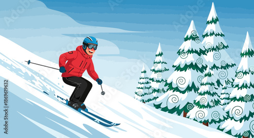 Skiing Man in Red Jacket on Slope.