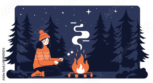 Woman Cooking over Campfire in Forest.