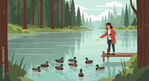 Woman Feeding Ducks on Wooden Dock.