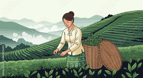Woman Harvesting Tea Leaves in Tea Plantation.