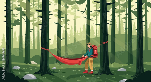 Woman Hiker Relaxing in Hammock Forest.