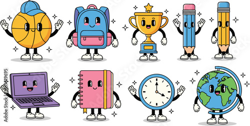 Cute cartoon school supplies with faces, smiling educational objects, fun classroom icons for kids, flat vector illustration