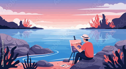 Woman Painting on Canvas by the Water.