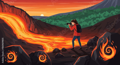 Woman Photographing Volcanic Landscape at Sunset.