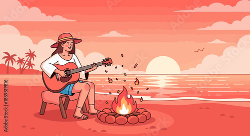 Woman Playing Guitar by Campfire on Beach.