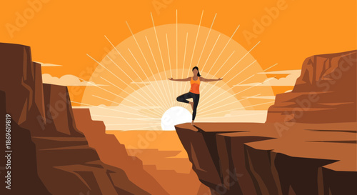 Woman Practicing Yoga on Cliff Edge.