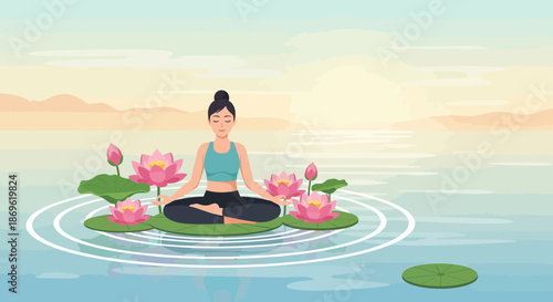 Woman Practicing Yoga on Water Lily Pad.