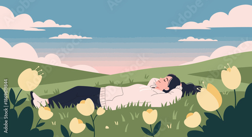 Woman Relaxing in Field of Tulips.