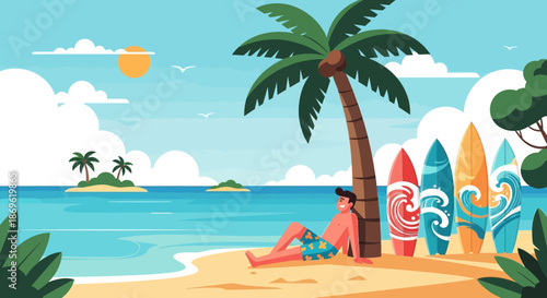 Woman Relaxing on Beach with Surfboards.