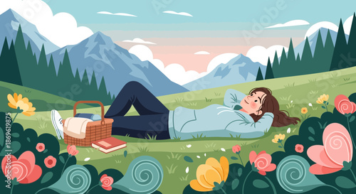 Woman Relaxing in a Meadow with Flowers.