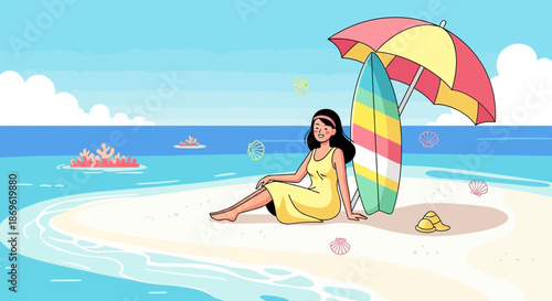 Woman Relaxing Under Beach Umbrella on Sand.