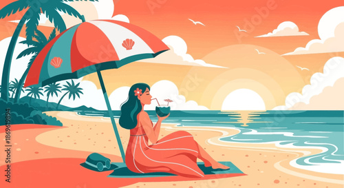 Woman Relaxing Under Beach Umbrella by Ocean.