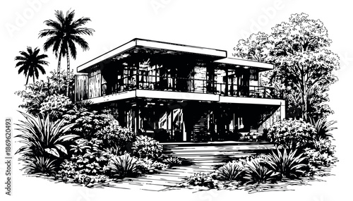 Hand drawn line art illustration of a modern house depicting tropical vegetation for real estate and architecture design