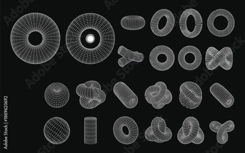 Futuristic 3D wireframe torus shapes and abstract geometric grid elements for cyberpunk digital art design.