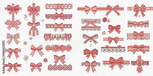 Collection of decorative pink bows and ribbons with lace and pearls, perfect for gift wrapping or embellishments.
