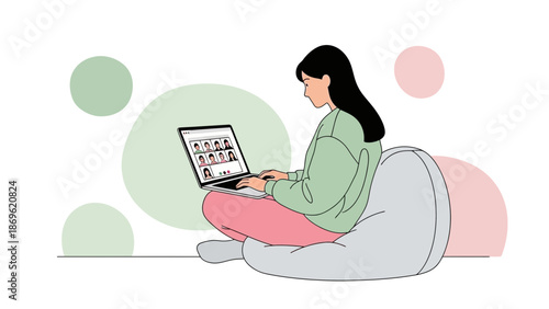 Young Woman Attending Online Meeting on Laptop, Sitting Comfortably