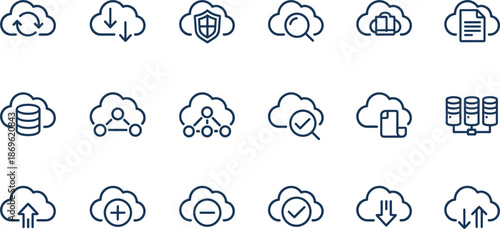 : Professional cloud computing and database networking icons for enterprise server hosting information technology and digital storage management,