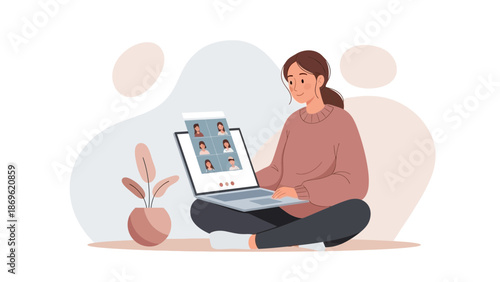 Woman using laptop for video call with multiple people, remote communication concept