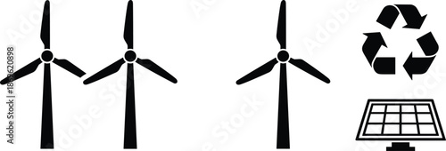Renewable energy icons featuring wind turbines solar panel and recycle symbol for green technology sustainability and environmental conservation,