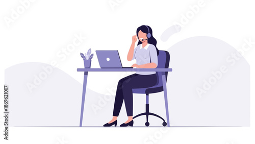 Woman with headset at desk using laptop, customer service, remote work illustration
