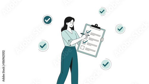 Woman with Checklist and Checkmarks - Task Management, Planning, and Organization Concept