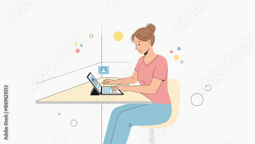 Woman working on a tablet at a desk, digital illustration, modern lifestyle concept