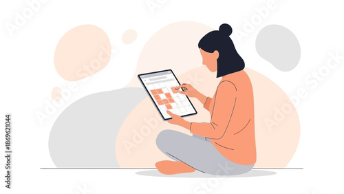 Woman with tablet planning schedule, digital calendar, time management, productivity concept